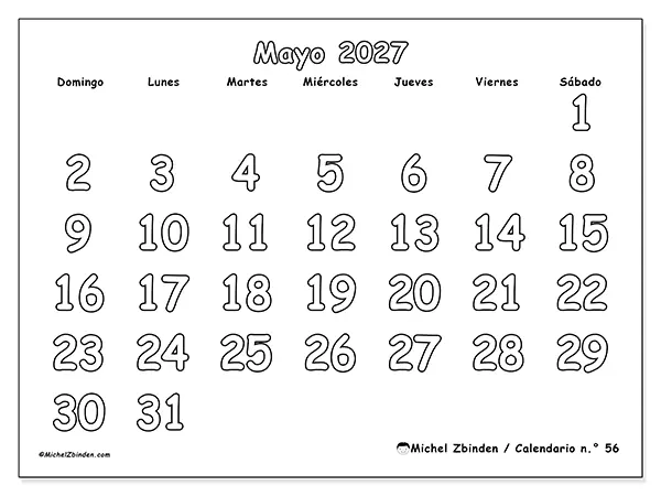 Calendario de mayo de 2027 para imprimir - Colorear útil - Semana de domingo a sábado