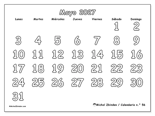 Calendario de mayo de 2027 para imprimir - Colorear útil