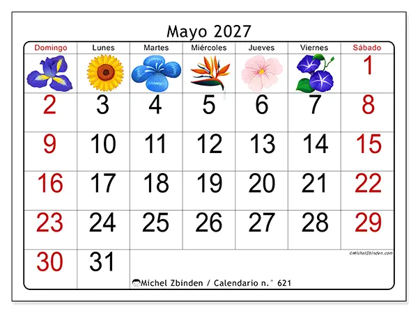 Calendario de mayo de 2027 para imprimir - Flores grandes - Semana de domingo a sábado