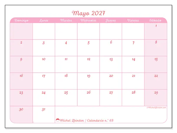 Calendario de mayo de 2027 para imprimir - Organización en suavidad - Semana de domingo a sábado