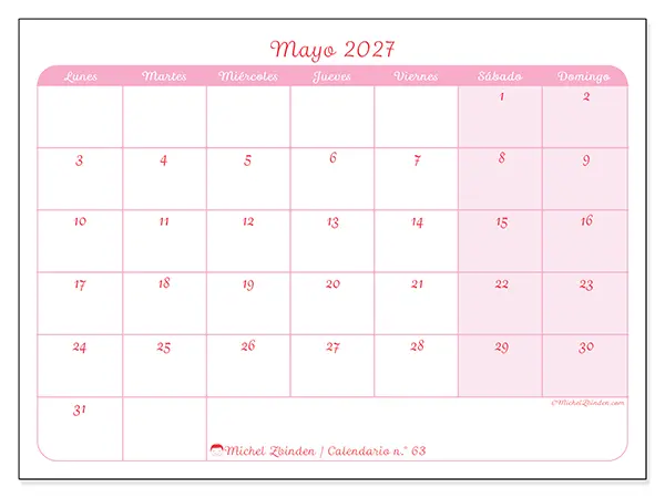 Calendario de mayo de 2027 para imprimir - Organización en suavidad