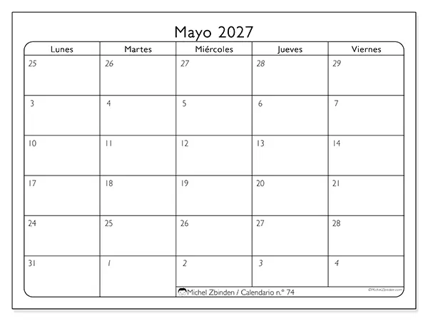 Calendario de mayo de 2027 para imprimir - Organización del trabajo