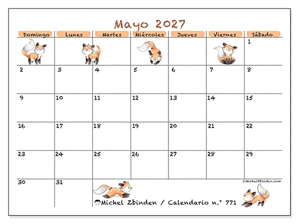 Calendario de mayo de 2027 para imprimir - Dibujos de zorros - Semana de domingo a sábado