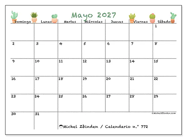 Calendario de mayo de 2027 para imprimir - Cactus decorativos - Semana de domingo a sábado