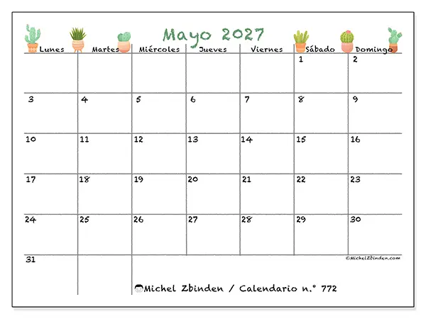 Calendario de mayo de 2027 para imprimir - Cactus decorativos