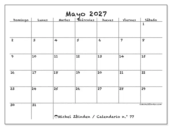 Calendario de mayo de 2027 para imprimir - Escuela y familia - Semana de domingo a sábado