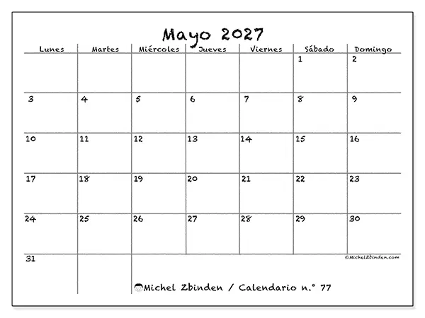 Calendario de mayo de 2027 para imprimir - Escuela y familia
