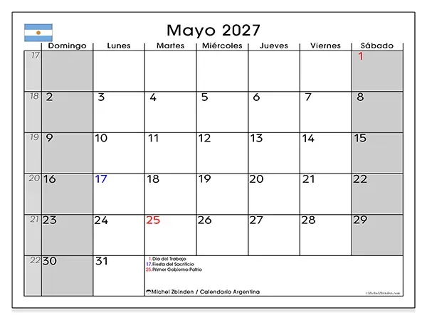 Calendario de mayo de 2027 para imprimir - Argentina