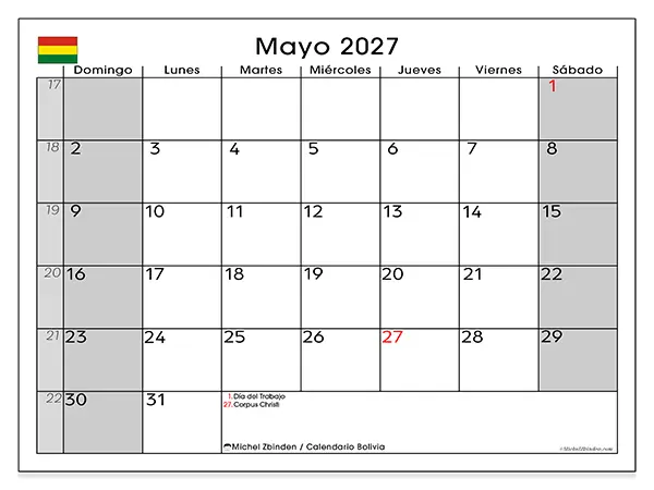 Calendario de mayo de 2027 para imprimir - Bolivia
