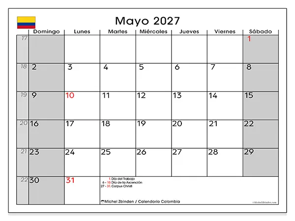 Calendario de mayo de 2027 para imprimir - Colombia