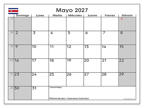 Calendario de mayo de 2027 para imprimir - Costa Rica