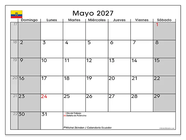 Calendario de mayo de 2027 para imprimir - Ecuador