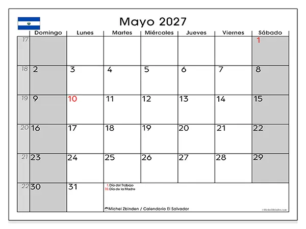 Calendario de mayo de 2027 para imprimir - El Salvador