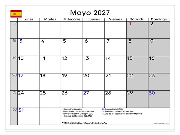 Calendario de mayo de 2027 para imprimir - España