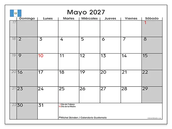 Calendario de mayo de 2027 para imprimir - Guatemala