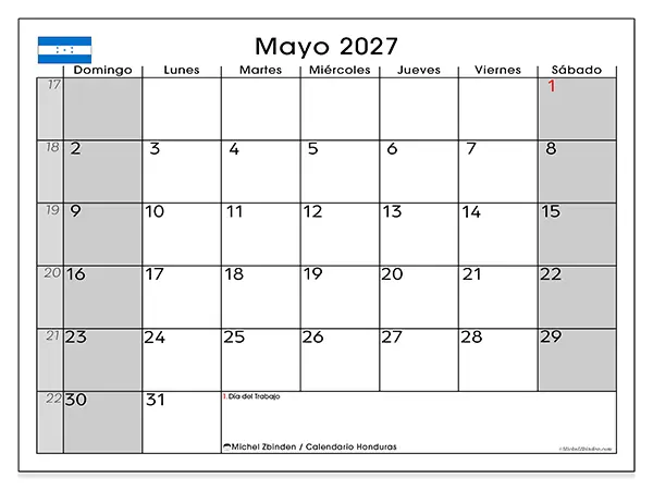 Calendario de mayo de 2027 para imprimir - Honduras