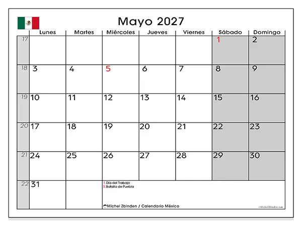 Calendario de mayo de 2027 para imprimir - México