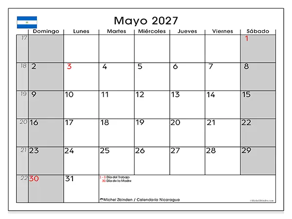 Calendario de mayo de 2027 para imprimir - Nicaragua