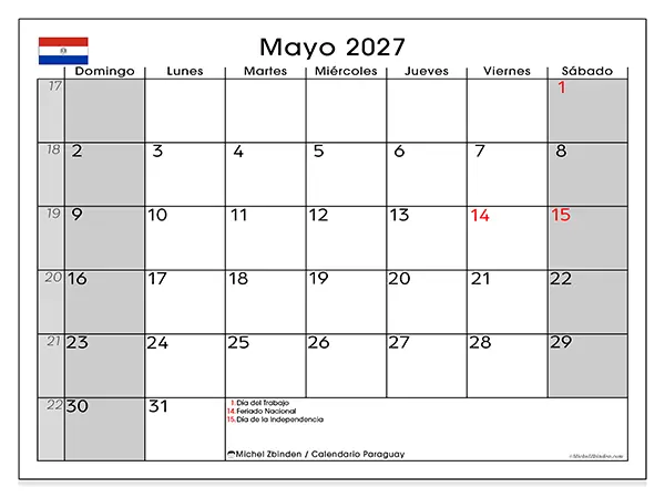 Calendario de mayo de 2027 para imprimir - Paraguay