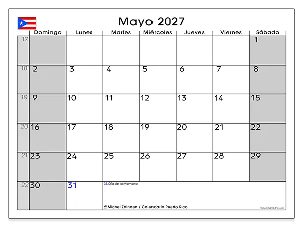 Calendario de mayo de 2027 para imprimir - Puerto Rico