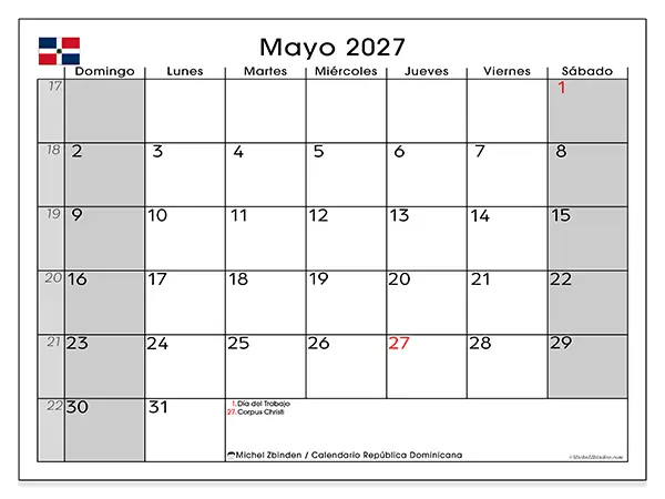 Calendario de mayo de 2027 para imprimir - República Dominicana