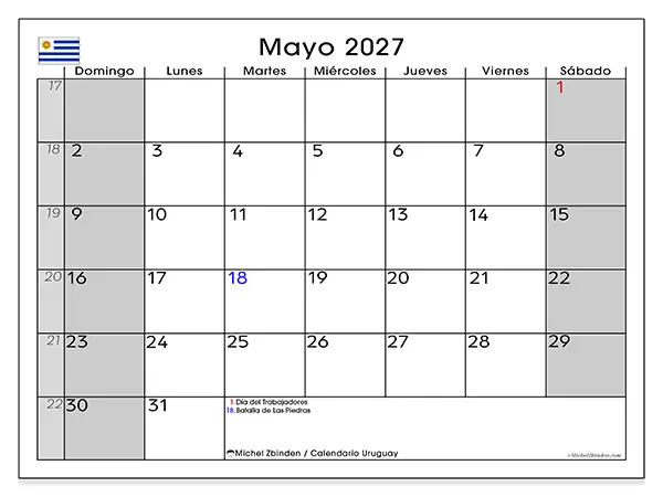 Calendario de mayo de 2027 para imprimir - Uruguay