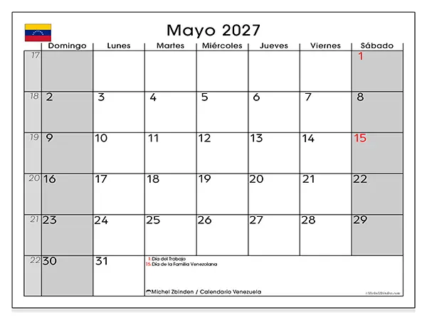 Calendario de mayo de 2027 para imprimir - Venezuela