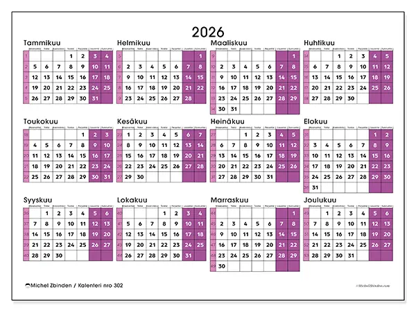 tulostettava Vuosikalenteri 2026 - Dynaaminen toimisto