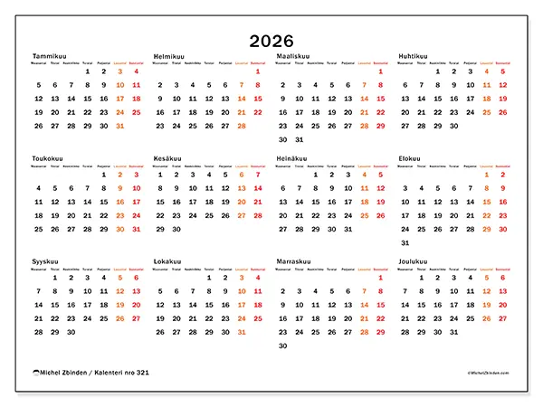 tulostettava Vuosikalenteri 2026 - Viikonloppu korostettu