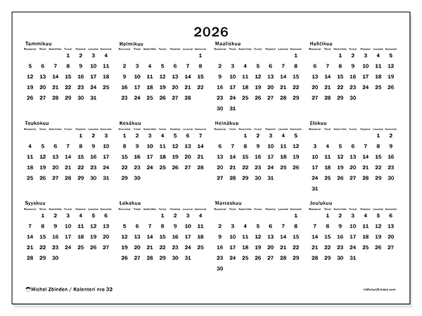 tulostettava Vuosikalenteri 2026 - Vuoden yleiskuva