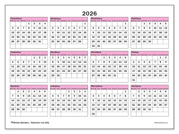 tulostettava Vuosikalenteri 2026 - Suunnittelu ja ennakointi