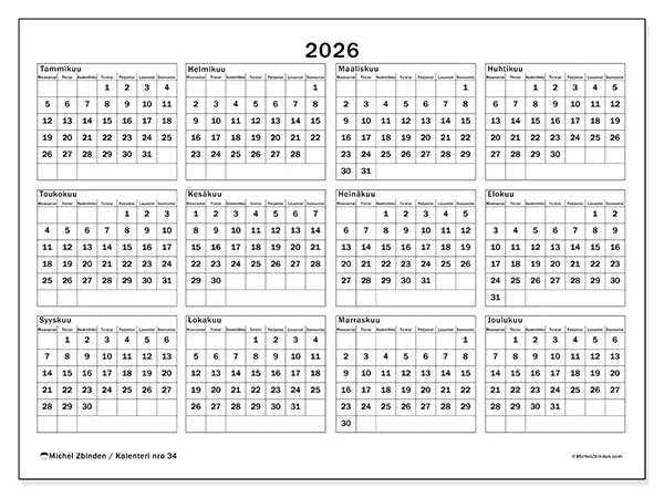 tulostettava Vuosikalenteri 2026 - Loma ja vapaa-aika