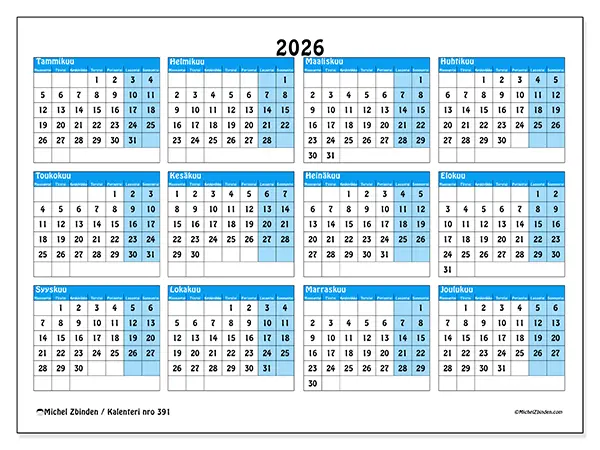 tulostettava Vuosikalenteri 2026 - Siniset sävyt