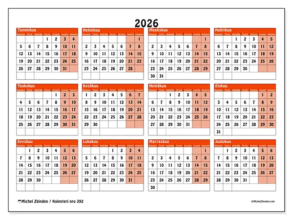 tulostettava Vuosikalenteri 2026 - Värikäs suunnittelu