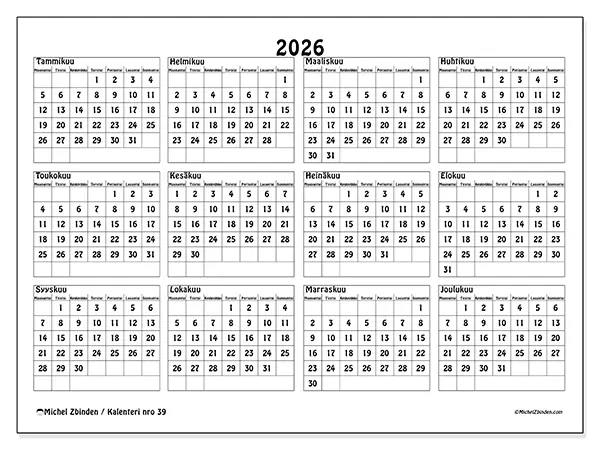 tulostettava Vuosikalenteri 2026 - Koulu ja opinnot