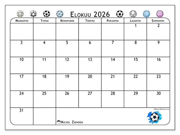 tulostettava kalenteri Elokuu 2026 - Jalkapallointo
