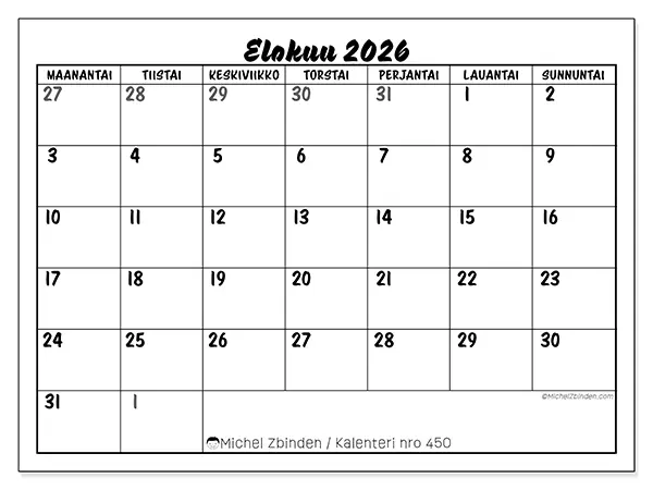 tulostettava kalenteri Elokuu 2026 - Yksityiskohtainen malli