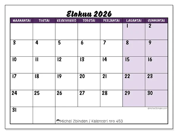tulostettava kalenteri Elokuu 2026 - Värikkäät tehtävät