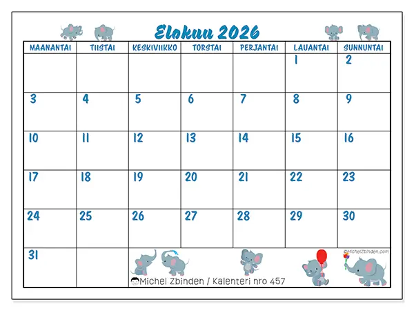 tulostettava kalenteri Elokuu 2026 - Pienet norsut