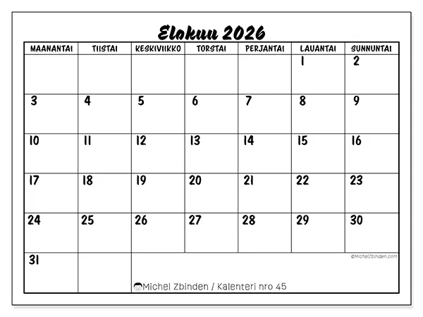tulostettava kalenteri Elokuu 2026 - Koulumenestys