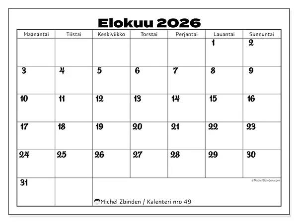 tulostettava kalenteri Elokuu 2026 - Työn koordinointi