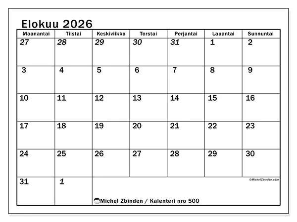tulostettava kalenteri Elokuu 2026 - Intensiivinen suunnittelu