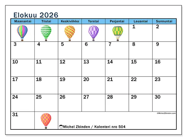 tulostettava kalenteri Elokuu 2026 - Kuumailmapallot