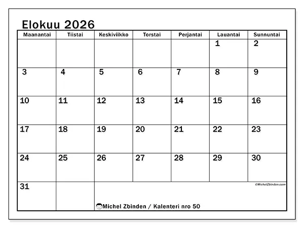 tulostettava kalenteri Elokuu 2026 - Selkeä kuukausisuunnittelu