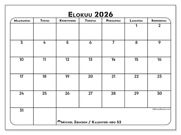 tulostettava kalenteri Elokuu 2026 - Työn suunnittelu