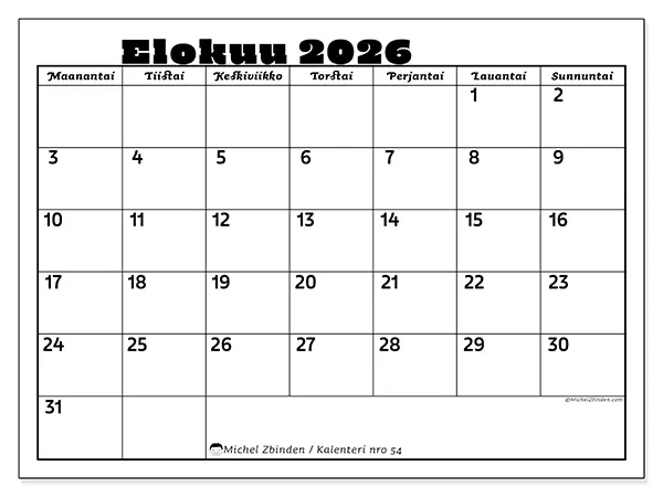 tulostettava kalenteri Elokuu 2026 - Perheaktiviteetit