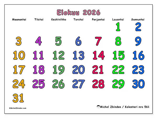 tulostettava kalenteri Elokuu 2026 - Luovat hetket