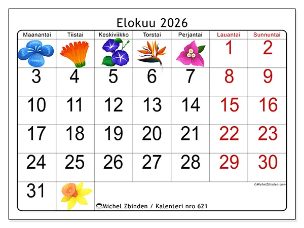 tulostettava kalenteri Elokuu 2026 - Suuret kukat