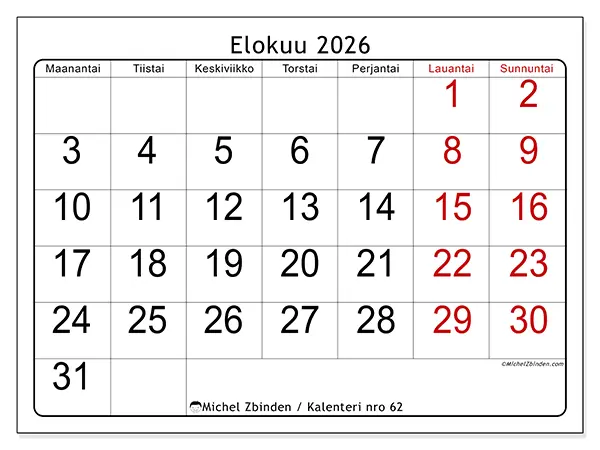 tulostettava kalenteri Elokuu 2026 - Nopea yleiskuva
