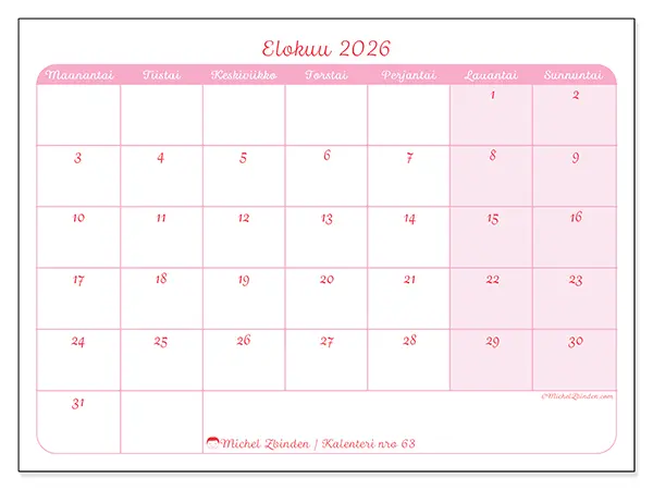tulostettava kalenteri Elokuu 2026 - Rauhallinen ilme